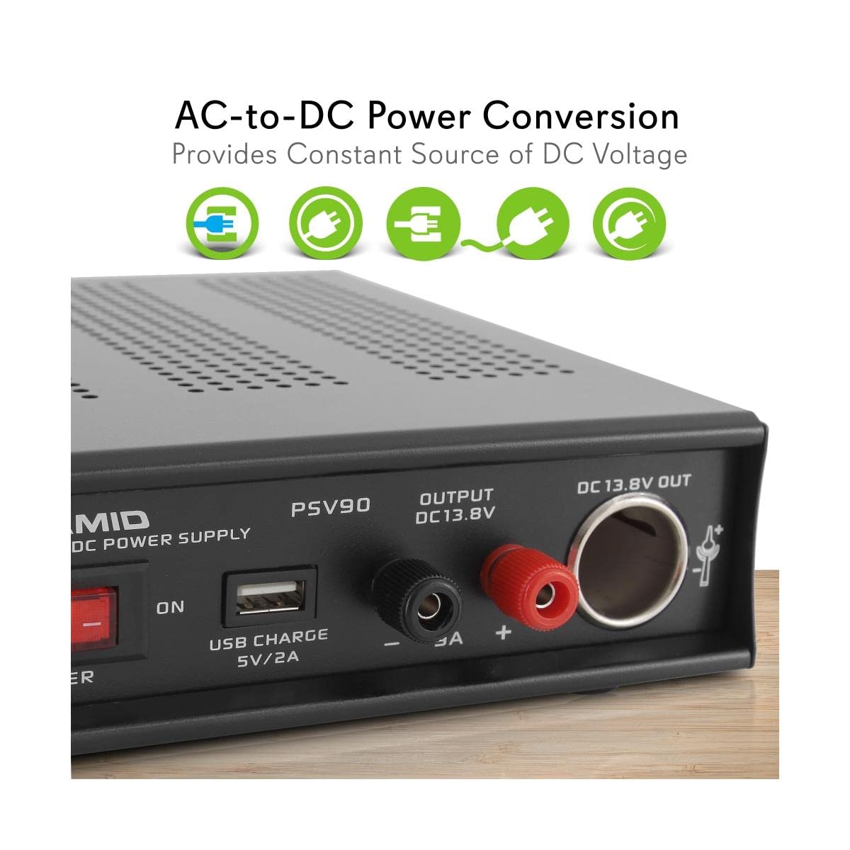 Pyramid Universal Compact Bench Power Supply - 9 Amp Regulated Home Lab Benchtop AC-DC Converter Power Supply for CB Radio, HAM w/ 13.8 Volt DC 115/230V AC Switchable, USB, Cigarette Lighter - PSV90