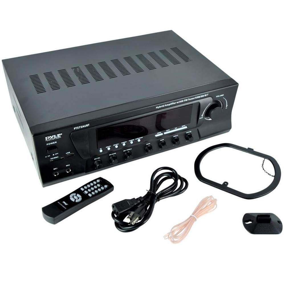 Pyle Wireless Bluetooth Audio Power Amplifier - 300W 4 Channel Home Theater Stereo Receiver with USB, AM FM, 2 Mic IN with Echo, RCA, LED, Speaker Selector, For Studio, Home Use, Black - PT272AUBT