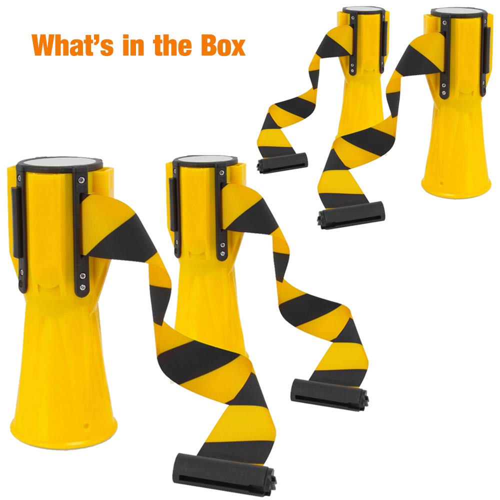 Pyle PCNTP16X4 4-Pc Traffic Cone Emergency Belt - Retractable Traffic Cone Hazard Warning Tape Barrier Belt, High-Visibility w/ Striped Bright Yellow Design, Marine-Grade Waterproof