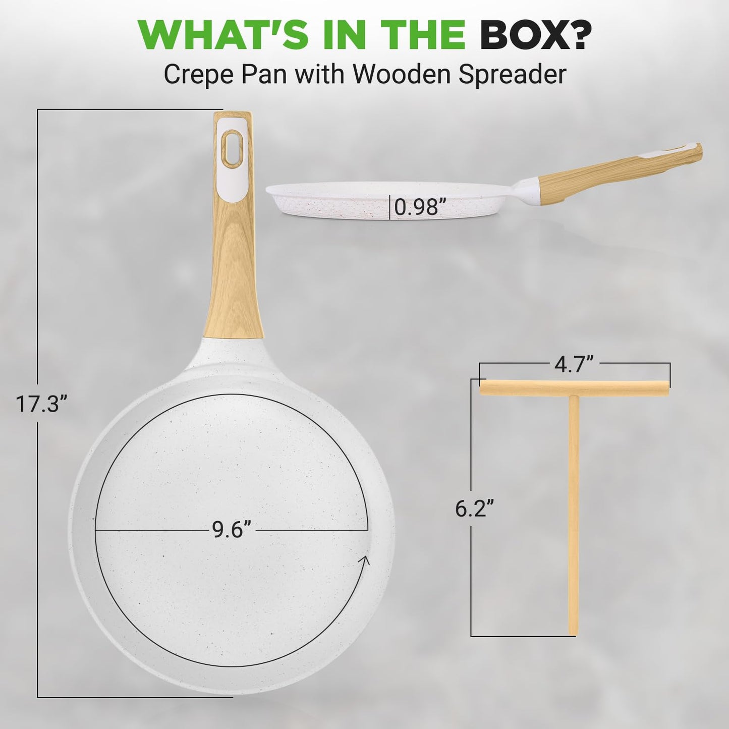 NutriChef 9.45” Non-Stick Crepe Pan with Wooden Spreader, Durable Marble Coated Dosa Pan, Bakelite Handle and Induction Bottom, PFOA/PFOS Free, Dishwasher Safe, Even Heat Distribution (White Cream)