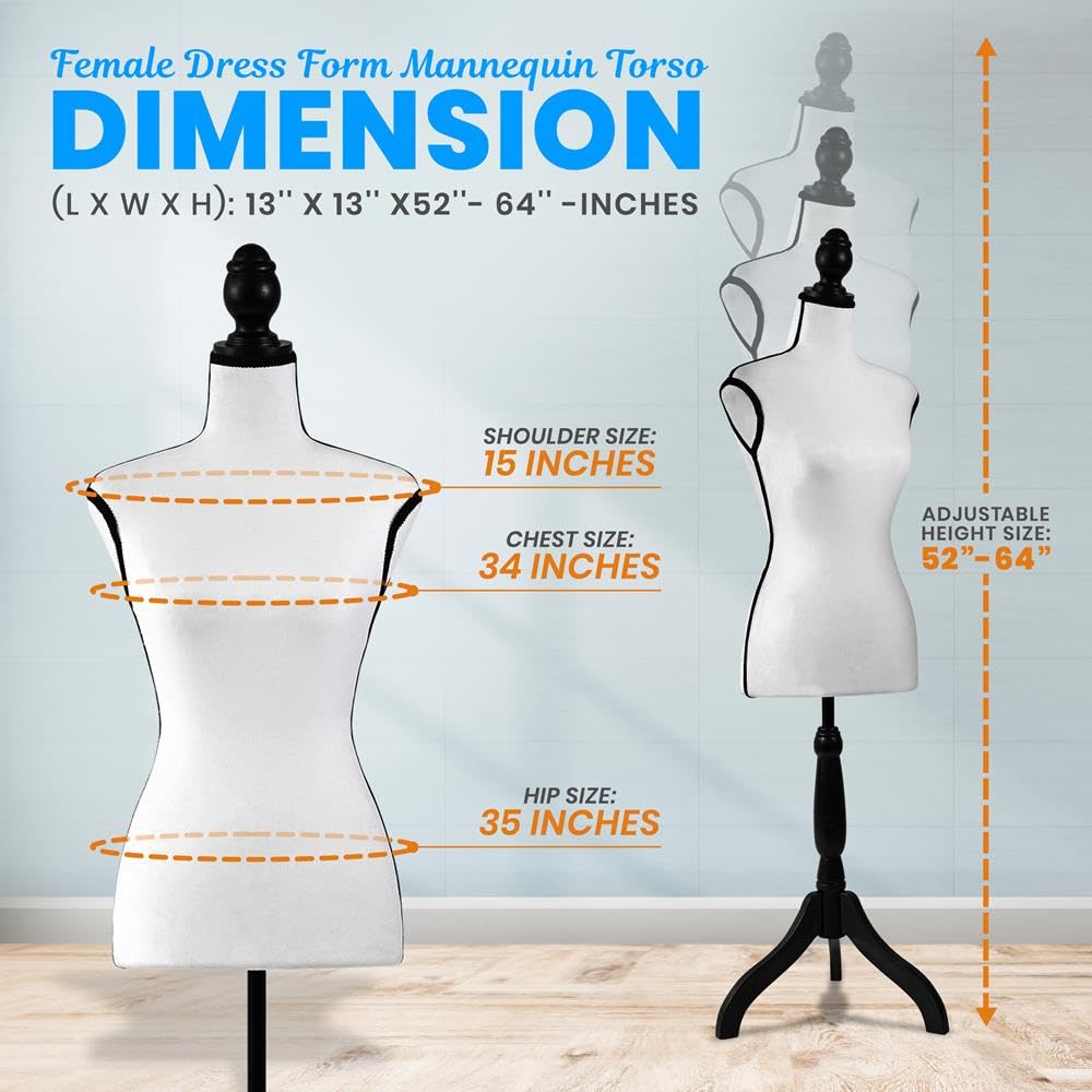 SereneLife White Female Dress Form Mannequin with Adjustable Height (52"–64") – Lightweight Foam Torso for Sewing, Boutique Clothing Display, Jewelry Draping – Stable Tripod Pinewood Stand