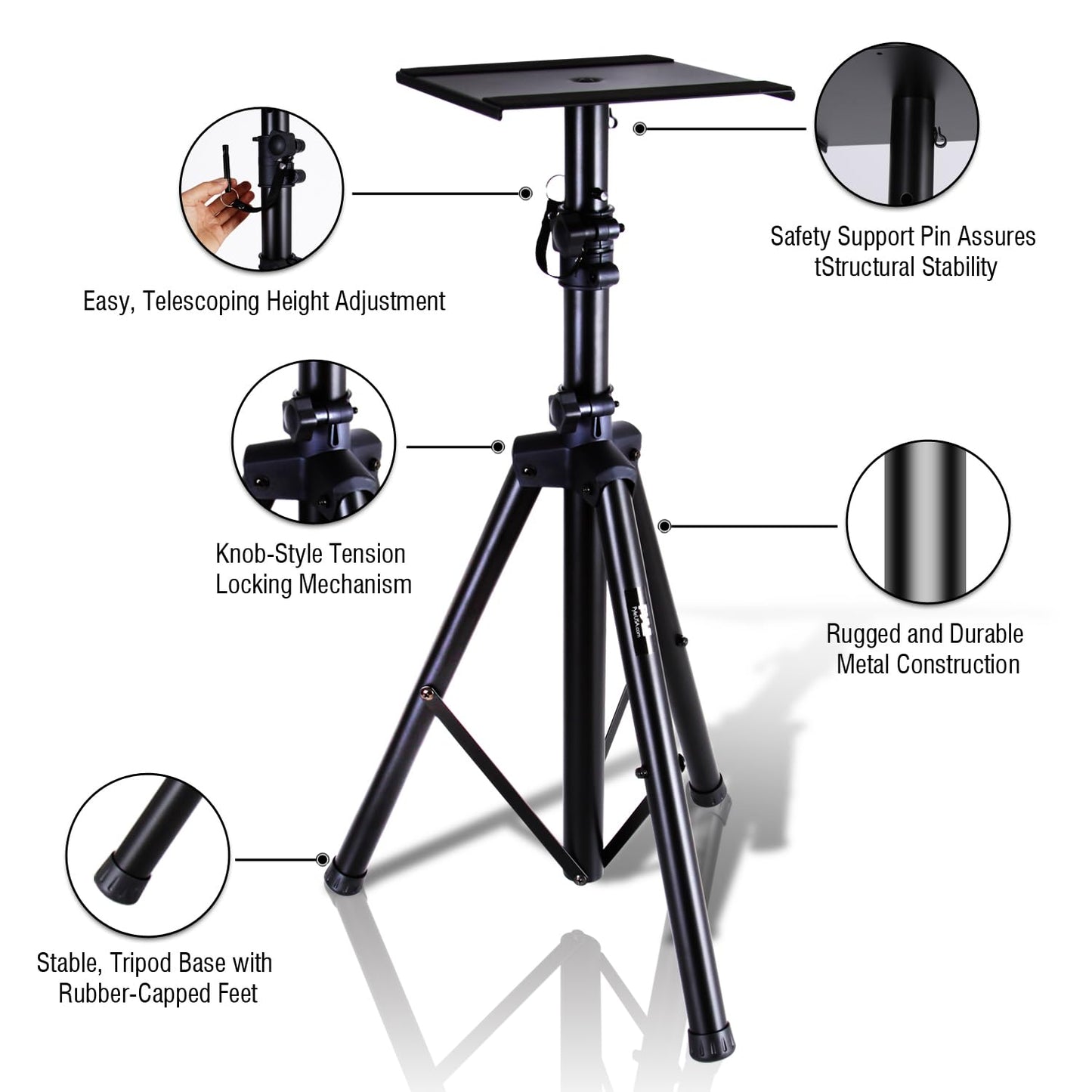 Pyle Adjustable Speaker Stand Pair – Dual Studio Monitor Tripod with Metal Base, Anti-Slip Speaker Pads, Height Adjustment from 34” to 53” – Ideal for Home, Studio, and DJ Use, 90 lbs Weight Capacity