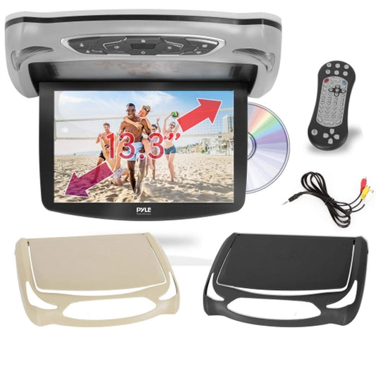 Pyle Car Roof Mount DVD Player Monitor 13.3 inch Vehicle Flip Down Overhead Screen- HDMI SD USB Card Input with Built-in IR Transmitter for Wireless IR Headphone, 3 Style Colors - Pyle PLRD146