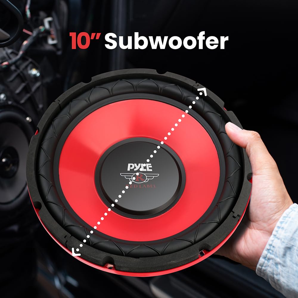 Pyle Car Vehicle Subwoofer Audio Speaker - 10 Inch Red Electro-Plated Cone, Red Plastic Basket, 1.5” Kapton Voice Coil, 4 Ohm Impedance, 600 Watt Power, for Vehicle Stereo Sound System - Pyle PLW10RD