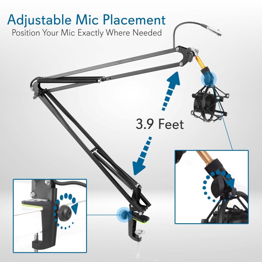 Pyle Suspension Microphone Boom Arm Stand, Adjustable Desktop Scissor Mic Stand with Shock Mount, 5/8-Inch Mic Adapter, XLR Audio Cable, Clamp Mount Base for Blue Yeti - Podcast, Radio & DJ Studio Use