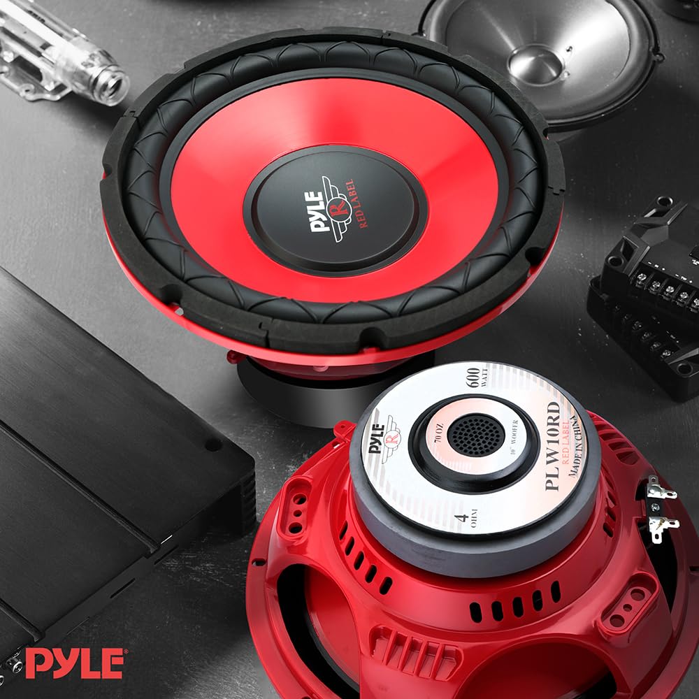 Pyle Car Vehicle Subwoofer Audio Speaker - 10 Inch Red Electro-Plated Cone, Red Plastic Basket, 1.5” Kapton Voice Coil, 4 Ohm Impedance, 600 Watt Power, for Vehicle Stereo Sound System - Pyle PLW10RD