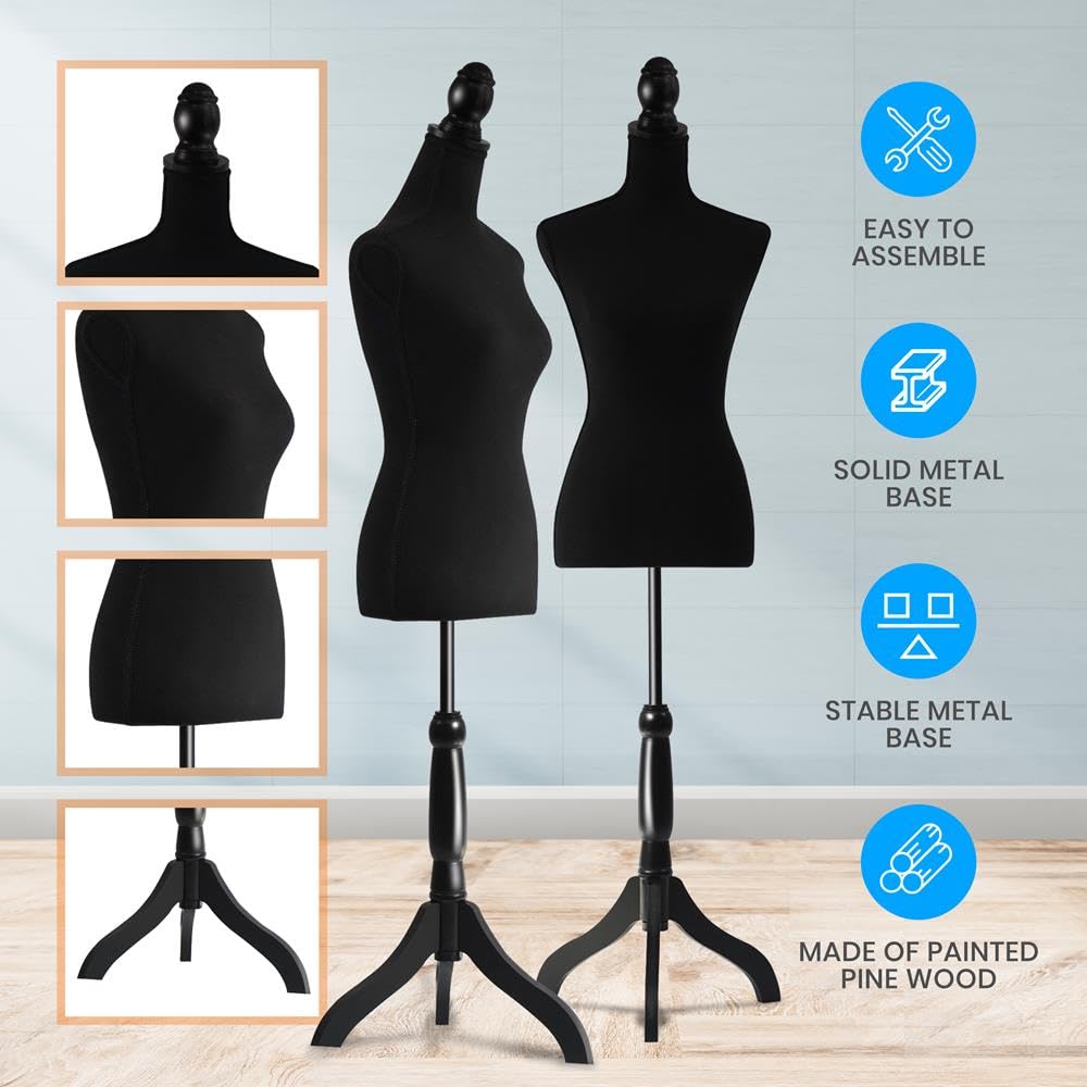 SereneLife Female Mannequin Dress Form with 52–64" Adjustable Tripod Stand – Black Foam Torso for Clothing Display, Sewing, Tailoring & Jewelry – Lightweight & Durable Design for Home or Store