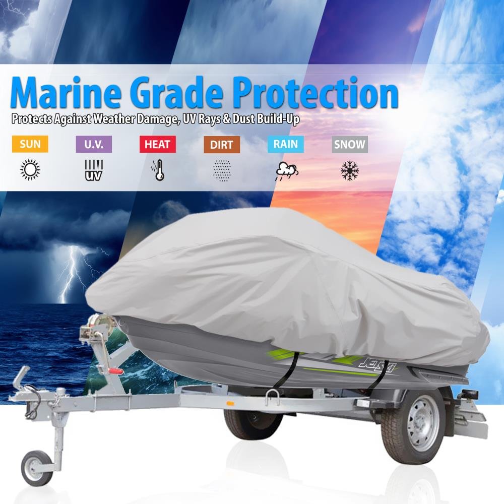 Pyle Marine Grade Polyester Jetski Cover - Size Supports 102” and Under - Heavy Duty Universal Trailer Storage Cover for Personal Watercraft - Waterproof Weather Resistant with Elastic Cord, Gray