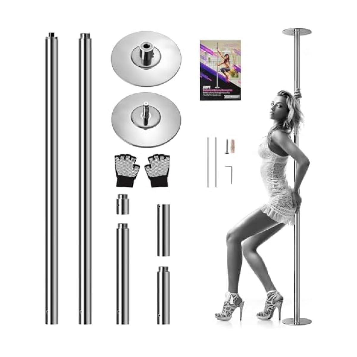SereneLife Portable Spinning Dancing Pole – Adjustable 82–108'' Removable Fitness Pole with Dome & Base – Durable Steel Structure for Exercise & Training, Holds Up to 1102 lbs, Includes Full Kit