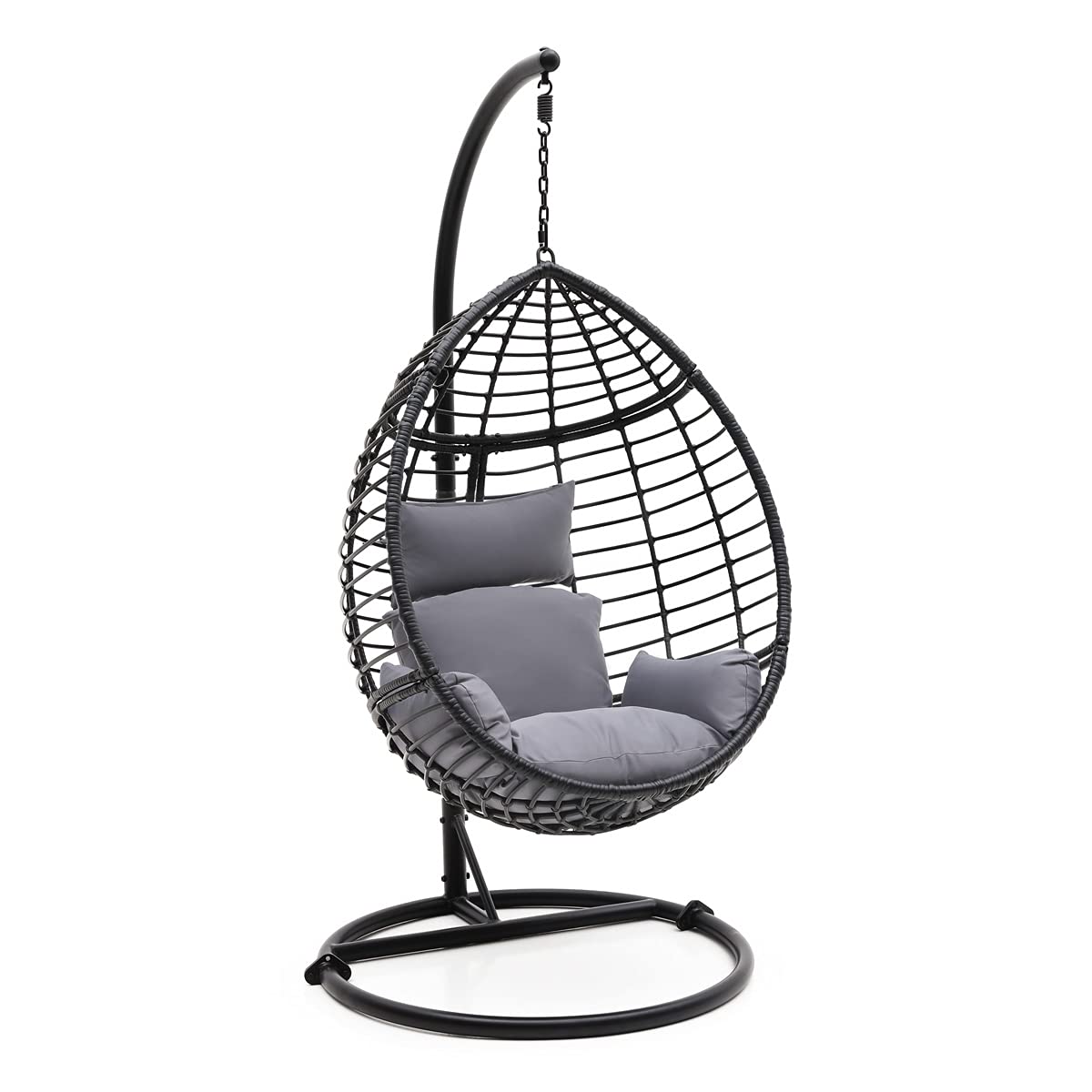 SereneLife Hanging Egg Chair for Outdoor & Indoor Use – Wicker Rattan Swing Chair with Cushions, Powder-Coated Steel Frame, Washable UV-Resistant Cover, Gray, Modern Patio Hammock Seat
