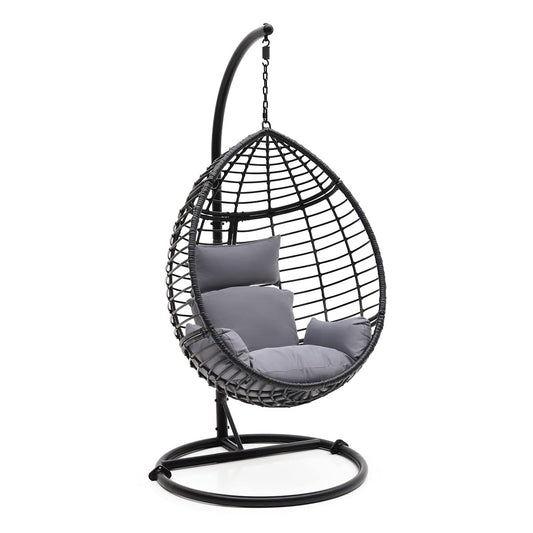 SereneLife Hanging Egg Chair for Outdoor & Indoor Use – Wicker Rattan Swing Chair with Cushions, Powder-Coated Steel Frame, Washable UV-Resistant Cover, Gray, Modern Patio Hammock Seat