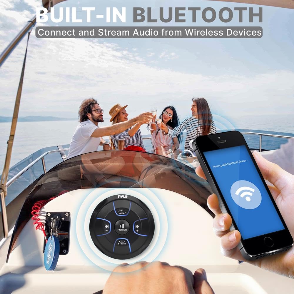 Pyle Amplified Wireless Bluetooth Audio Controller - 800 Watt Bluetooth Media Button, Waterproof Marine Receiver Remote Control w/ AUX, Mount for Car Truck Boat Marine PowerSport Vehicles - PLMRBT19