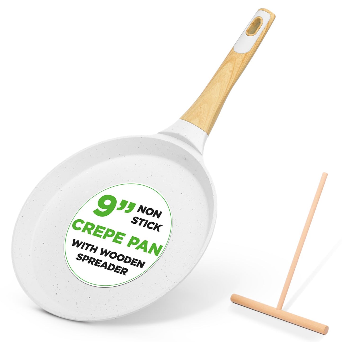 NutriChef 9.45” Non-Stick Crepe Pan with Wooden Spreader, Durable Marble Coated Dosa Pan, Bakelite Handle and Induction Bottom, PFOA/PFOS Free, Dishwasher Safe, Even Heat Distribution (White Cream)