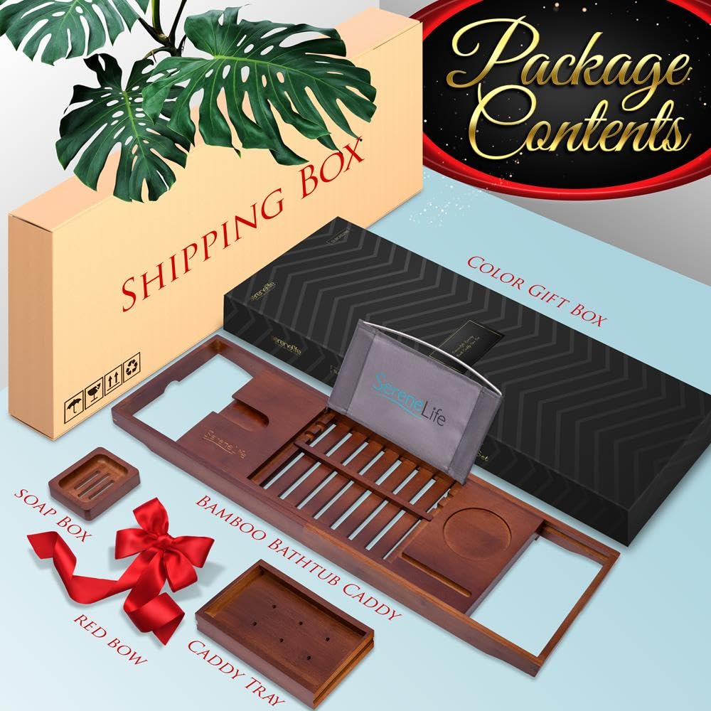 SereneLife Bamboo Bathtub Caddy with Luxury Gift Box and Red Gifting Ribbon Extendable & Adjustable Tray with Device/Book Holder with Removable Trays for Bath Accessories (Stain Brown)