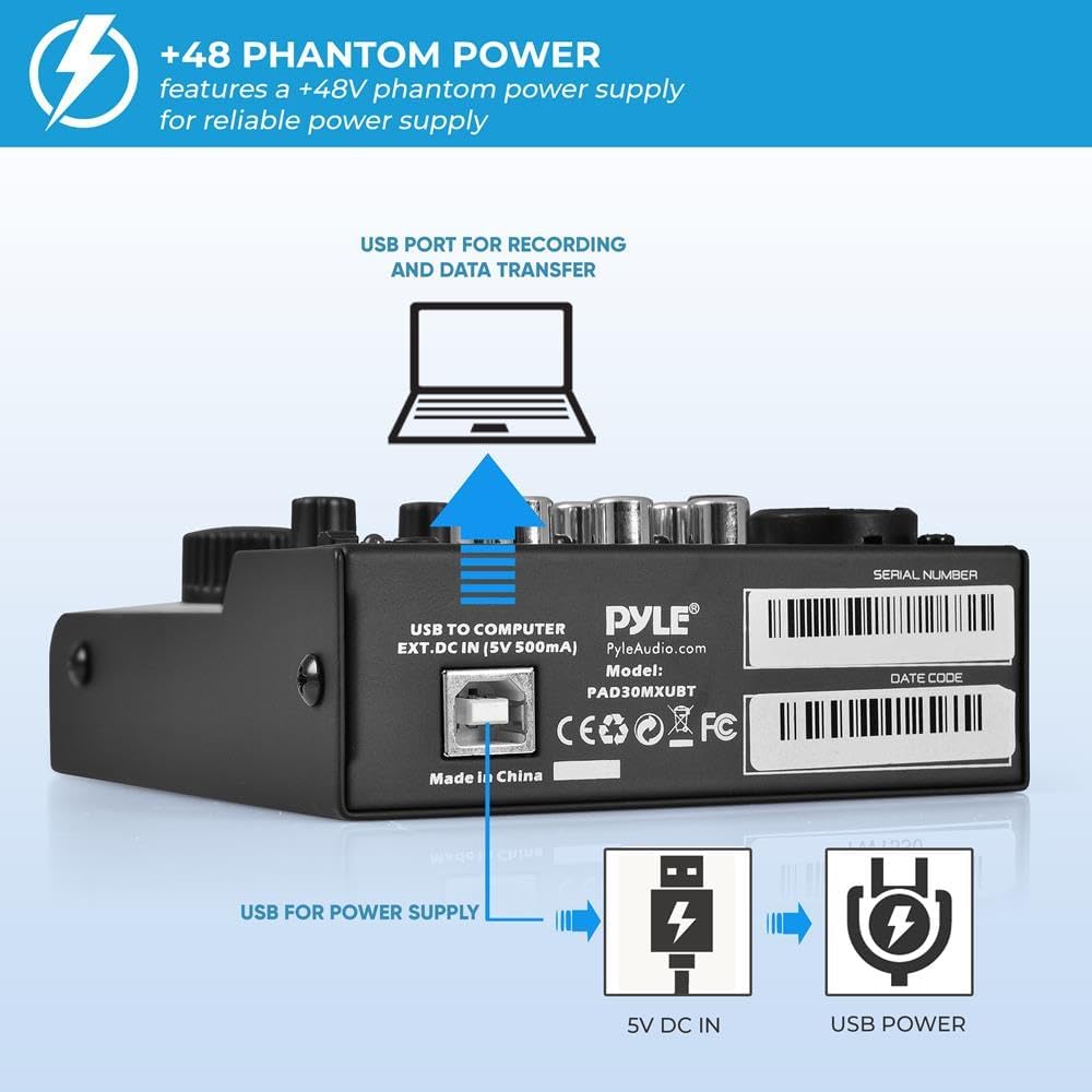 Pyle 3-Channel Bluetooth Audio Mixer - DJ Sound Controller w/ USB Soundcard for PC Recording - XLR - 3.5mm Mic Jack - 18V Phantom Power - RCA I/O - LED Indicators - Beginner & Studio Use - PAD30MXUBT