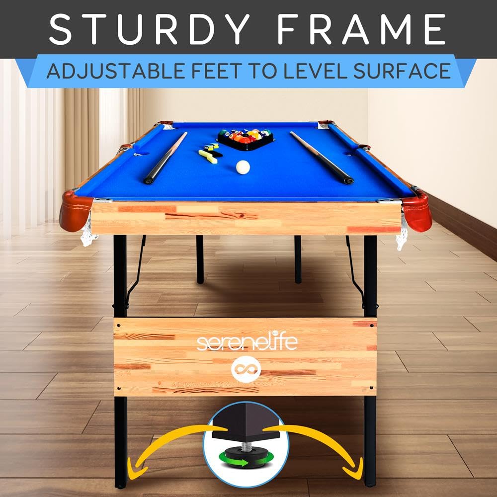 SereneLife 4.5ft Folding Pool Table, 55in Portable Foldable Billiards Game Table for Kids and Adults with Accessories, Indoor and Outdoor Games with Sticks, Cue, Balls and Triangle, Blue