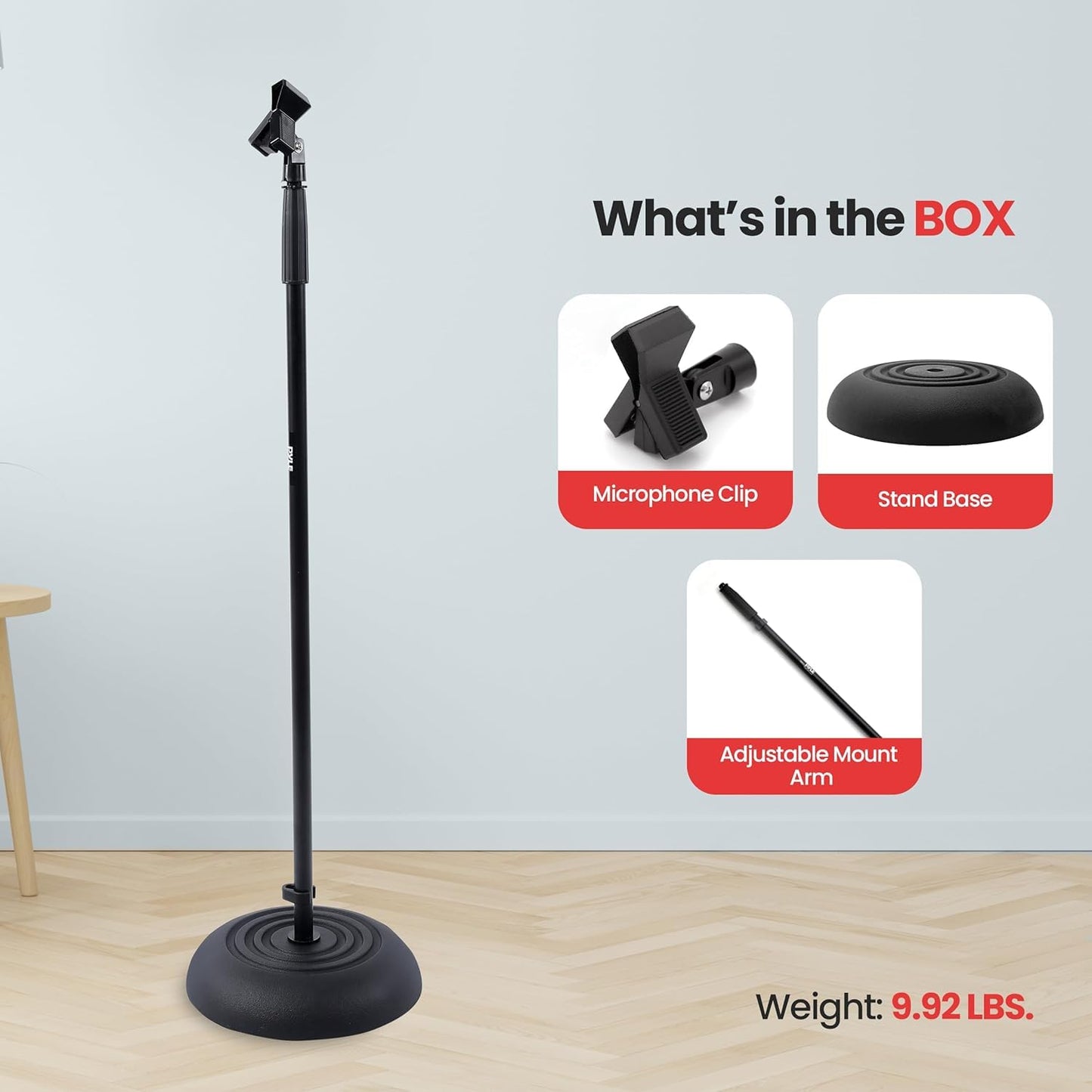 Pyle Adjustable Microphone Stand - Universal Mic Stand with Compact Heavy Base, Floor Standing Design, Height Adjustable, Pivot Angle Clip for Singing & Recording (2.8’ - 5’ ft., 9.8” Base Diameter)