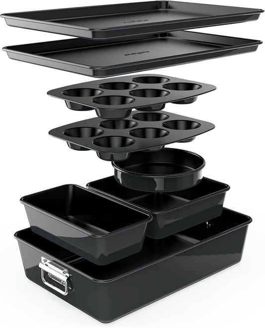NutriChef 8-Piece Stackable Nonstick Bakeware Set - Premium Steel Baking Tray Set - Includes Round Cake Pan, 6-Cup Muffin Pans, Wide/Square Brownie & Loaf Pans, Cookie Sheet, & Roaster Pan (Black)