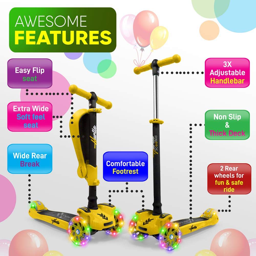Hurtle 7 Wheeled Scooter for Kids - Stand & Cruise Child/Toddlers Toy Folding Kick Scooters w/Adjustable Height, Anti-Slip Deck, Flashing Wheel Lights, for Boys/Girls 2-12 Year Old - Hurtle