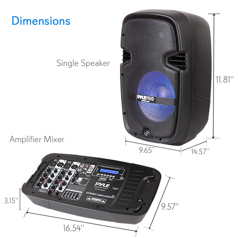 Pyle PA Speaker DJ Mixer Bundle - Portable Wireless Bluetooth Sound System w/ USB SD XLR 1/4" RCA Inputs, LED Lights - Dual Speaker, Mixer, Microphone, Stand, Cable - Home/Outdoor PPHP210AMX,Black