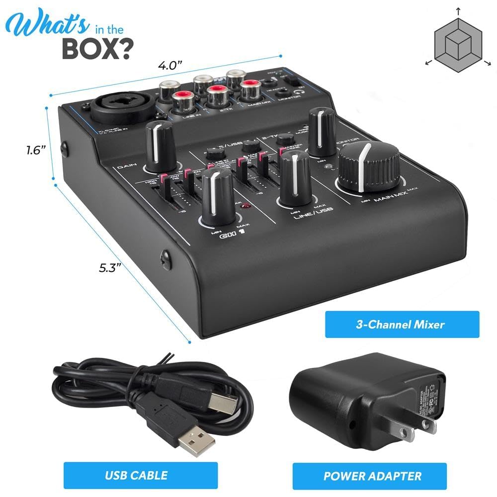 Pyle 3-Channel Bluetooth Audio Mixer - DJ Sound Controller w/ USB Soundcard for PC Recording - XLR - 3.5mm Mic Jack - 18V Phantom Power - RCA I/O - LED Indicators - Beginner & Studio Use - PAD30MXUBT