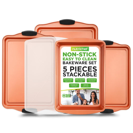 NutriChef 5-Piece Non-Stick Stackable Baking Pan Set – Heavy Duty Carbon Steel Cookie Sheets & Roasting Pan w/ Lid – Easy to Clean, Oven Safe & Wrap Resistance – Perfect for Cakes, Cookies & Baking