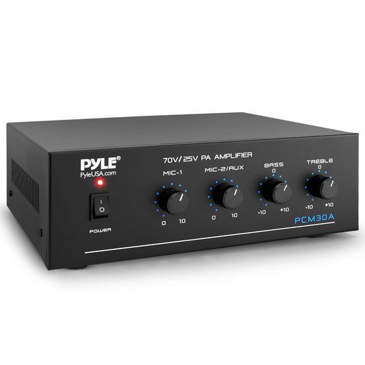 Pyle 60W Compact Mini Home Power Amplifier - Bluetooth 5.0 Stereo Receiver with RCA - 2 Mic Inputs - 25/70V Outputs - LED Indicator - Tone Control - Input Selector - For PA and Speaker System - PCM30A
