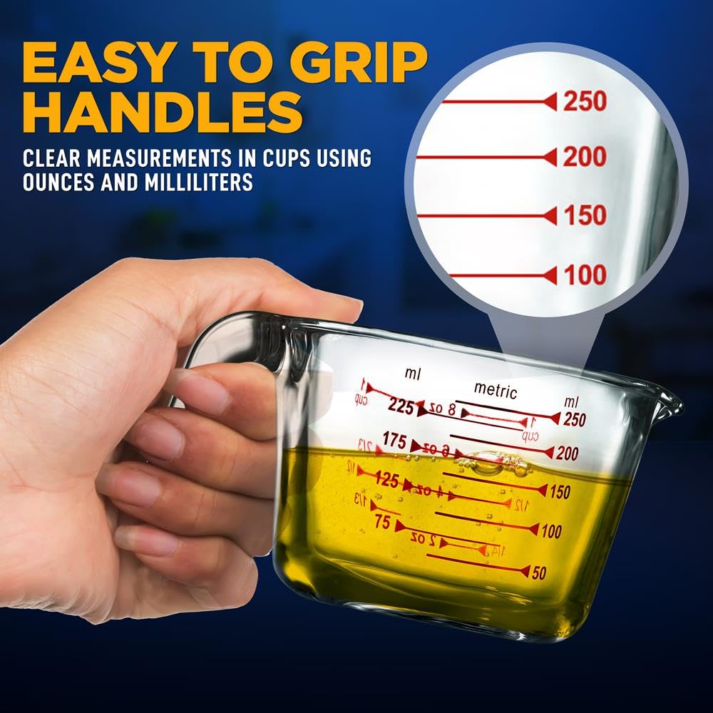 NutriChef High Borosilicate Glass Measuring Cup with Customized Decal Scale, 250 ml, Safe to Use in Microwave and Freezer, Oven and Dishwasher Safe, Clear