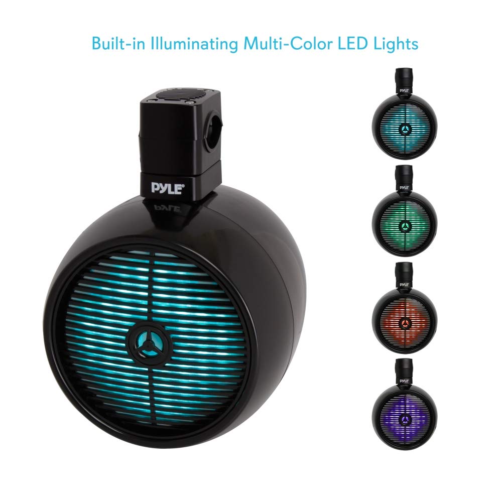 Pyle Marine Speakers - 8 Inch Waterproof IP44 Rated Wakeboard Tower and Weather Resistant Outdoor Audio Stereo Sound System with Built-in LED Lights - 1 Pair in Black (PLMRWB858LE)