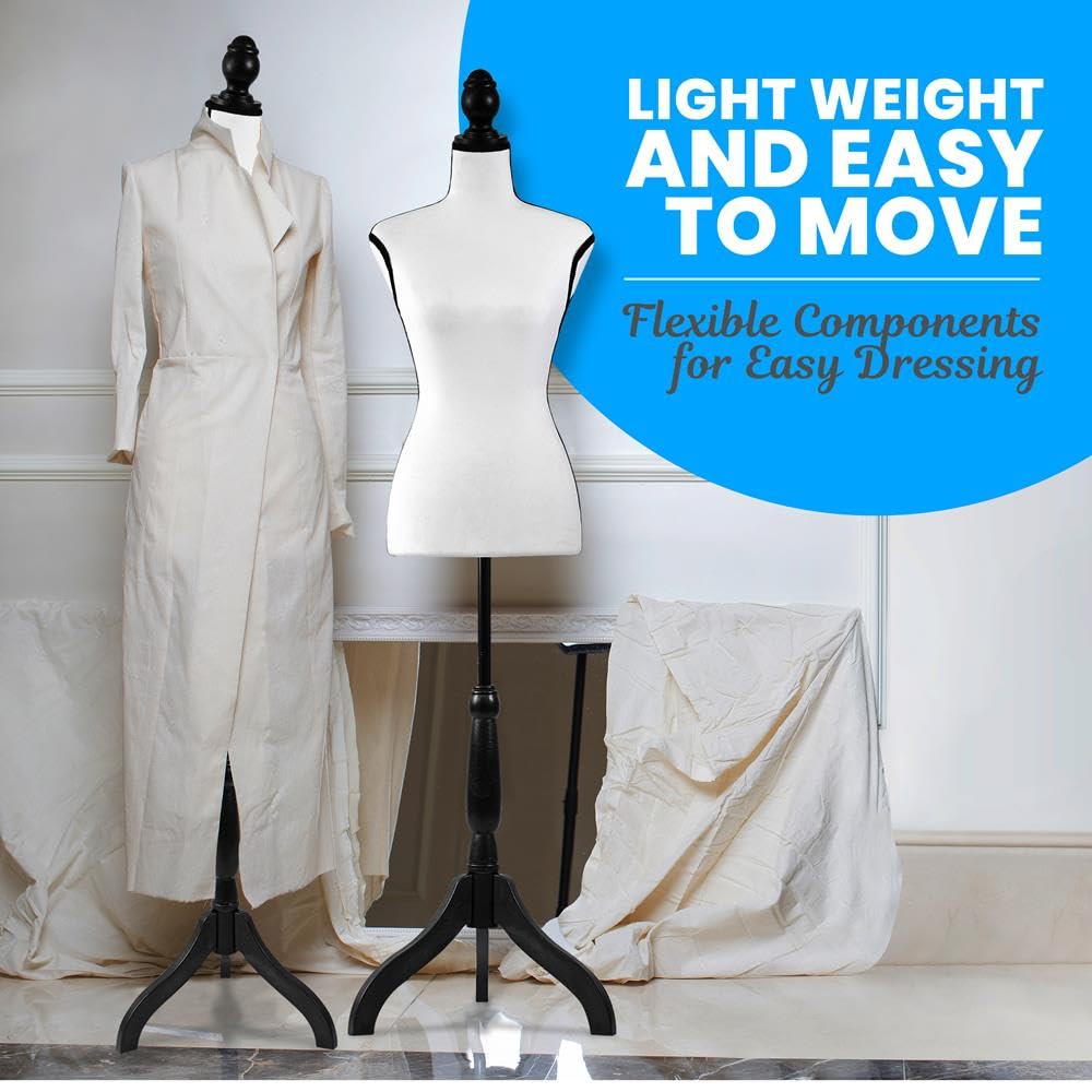 SereneLife White Female Dress Form Mannequin with Adjustable Height (52"–64") – Lightweight Foam Torso for Sewing, Boutique Clothing Display, Jewelry Draping – Stable Tripod Pinewood Stand
