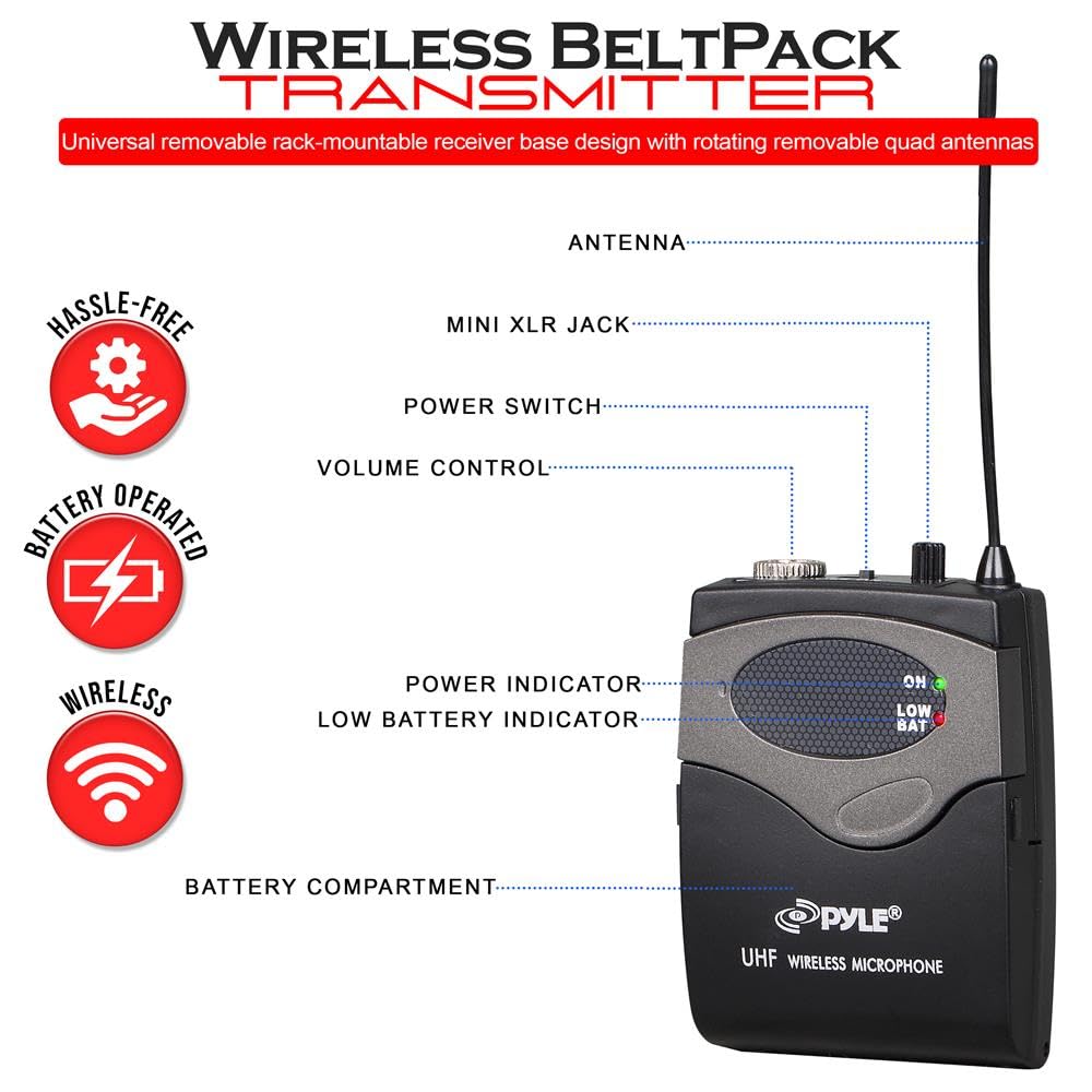 Pyle 8 Ch UHF Wireless Microphone System & Rack Mountable Base 4 Handheld MICS 4 Headsets, 4 Belt Packs, 4 Lavelier/Lapel MIC with Independent Volume Controls AF & RF Signal Indicators (PDWM8350)