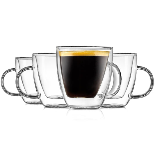 NutriChef 5.2 Oz Espresso Cups (Set Of 4), Double Walled Glass Coffee Mugs For Hot And Cold Drinks, Insulated Glass Coffee Mugs With Handle
