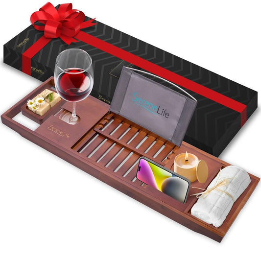 SereneLife Bamboo Bathtub Caddy with Luxury Gift Box and Red Gifting Ribbon Extendable & Adjustable Tray with Device/Book Holder with Removable Trays for Bath Accessories (Stain Brown)