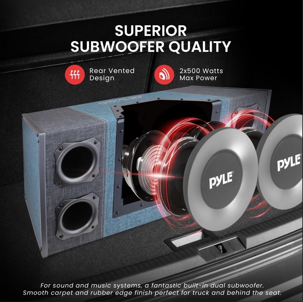Pyle 10" Dual Series Vented Subwoofer Enclosure for Car Audio - High Powered Sub Woofer Speaker with a 10 Inch Silver Paper Cone and Built-in Illuminating LED Lights - 2x500 Watt Max Power