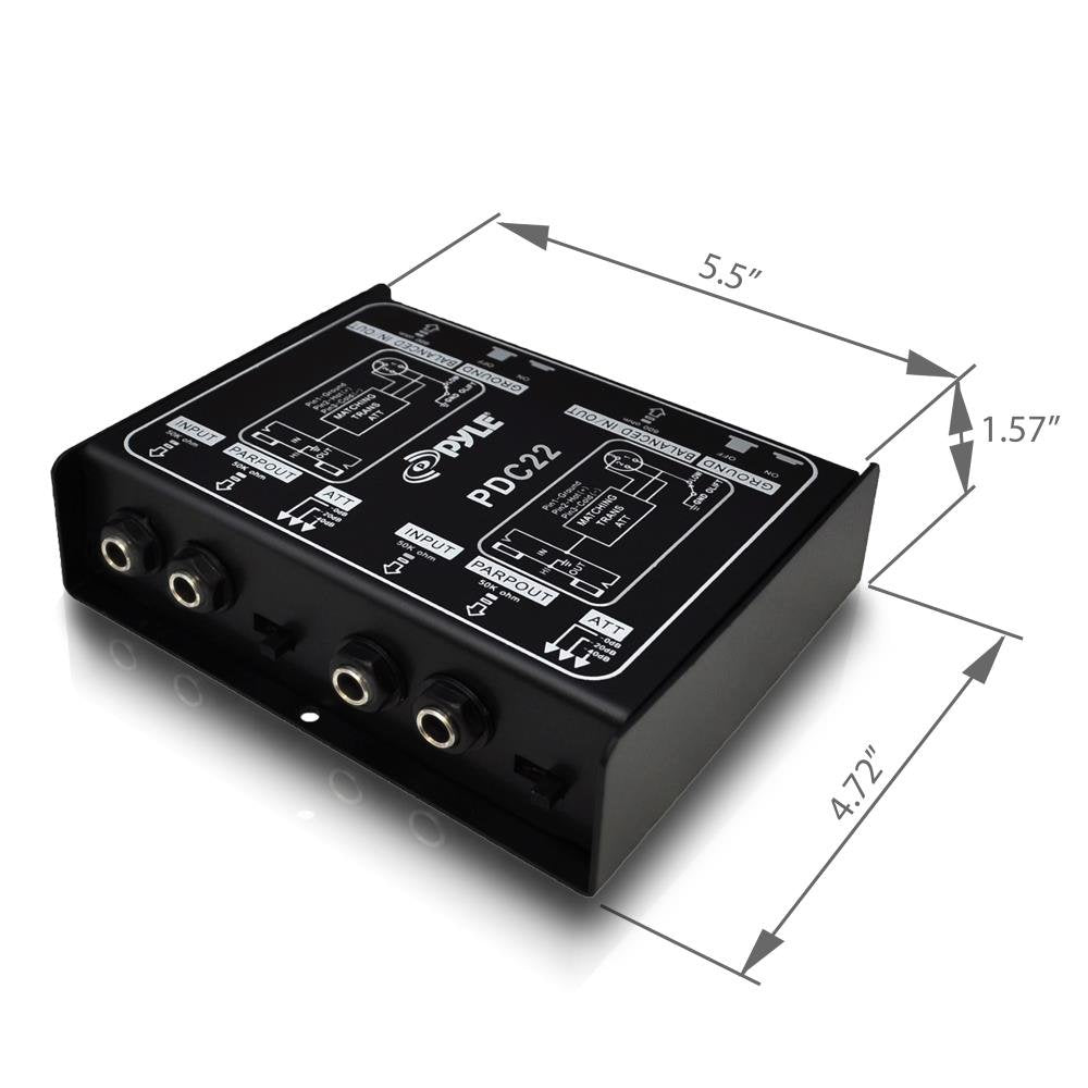PYLE-PRO Premium Direct Injection Audio Box - Passive DI Unit Hum Eliminator w/ Input Attenuator to Connect Guitar & Bass - 1/4 Inch Impedance Transformer Connector to Balanced & Unbalanced XLR-PDC22 , Black