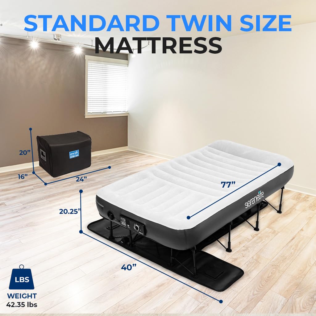 SereneLife Inflatable Air Bed with Frame - Auto Inflating Air Mattress with Built-in Pump, Memory Foam Cover, Self-Deploying Frame, Ideal for Guests, Camping & RV, Easy Carry Case, Queen 77" x 40"