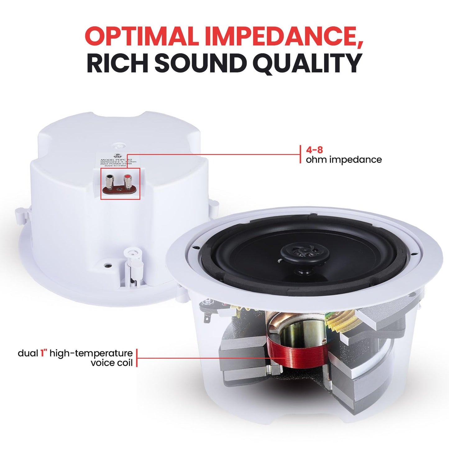 Pyle Ceiling Wall Mount Enclosed Speaker - 250 Watt Stereo In-wall / In-ceiling 8" Enclosed Full Range Mid-Bass Speaker System - 50Hz - 20kHz Frequency Response, 4-8 Ohm, Flush Mount - Pyle PDPC82 (Pair), 8.0'',White