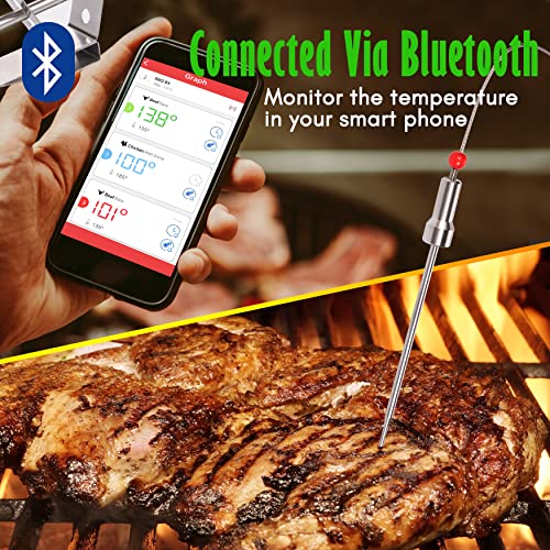 NutriChef Smart Bluetooth BBQ Thermometer with Travel Zip Case, Upgraded Stainless w/ 2 Temperature Probes, LCD Display, Done Alarm Android iPhone, Gas Charcoal BBQ Smoker Temp Monitoring