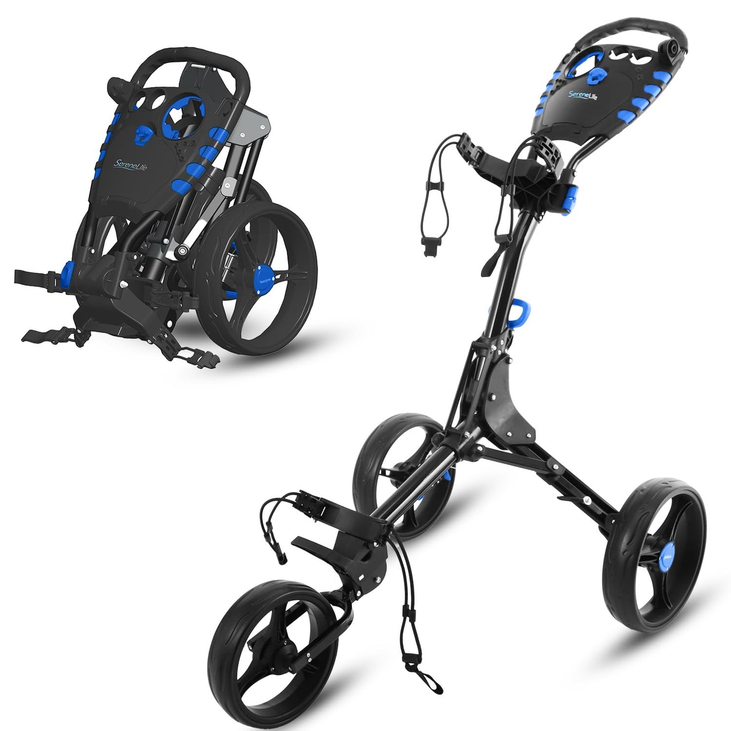 SereneLife Foldable 3-Wheel Golf Push Cart with Ergonomic Handle – Lightweight Aluminum Frame, Quick Fold, Deluxe Scorecard & Cup Holder, Umbrella Storage – Easy to Push & Store – Black Golf Caddy