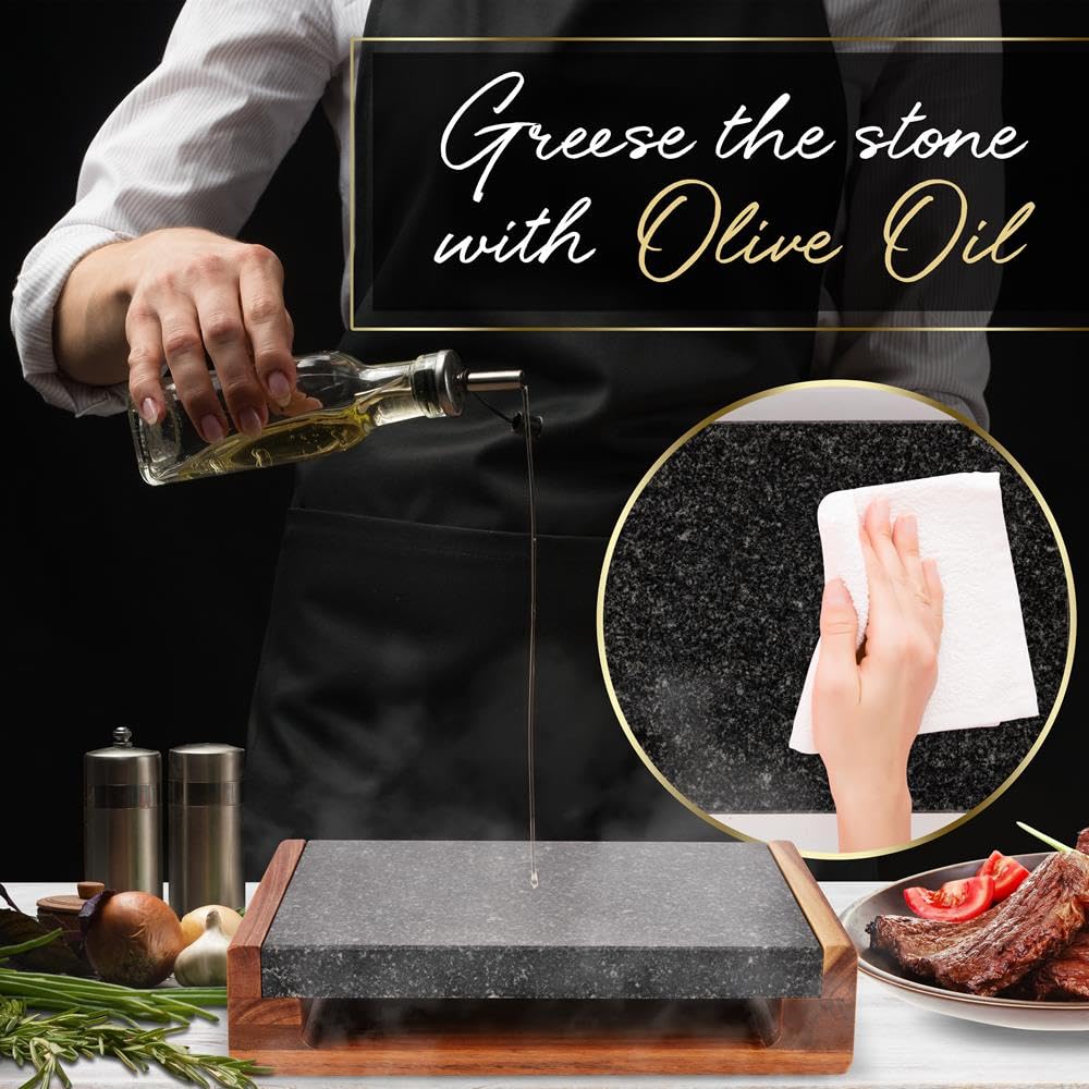 Nutrichef Cooking Stone Grill Set - Hot Lava Rock Sizzling Plate for Steak BBQ & Meat Grilling with Stainless Steel Knives, Cooks and Retains Heat & Flavor, Heated Tray for Serving Food