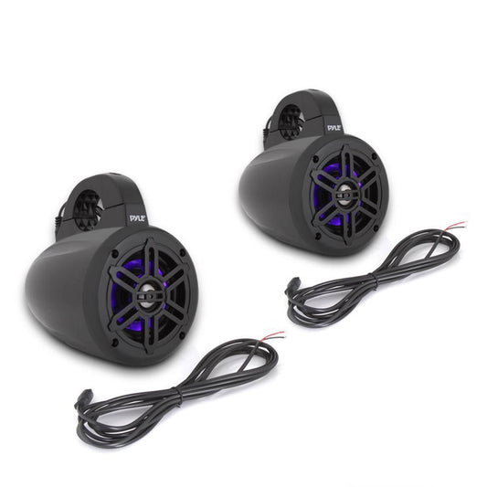 Pyle Waterproof Marine Wakeboard Tower Speakers - 4 Inch Dual Subwoofer Speaker Set w/LED Lights & Bluetooth for Wireless Music Streaming - Boat Audio System w/Mounting Clamps PLMRLEWB47BB