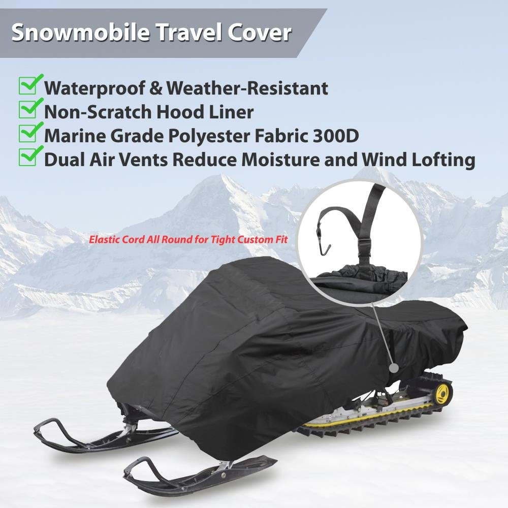 Pyle, Snowmobile Cover, Waterproof, Universal Snowmobile Cover, Heavy Duty Fabric, Dual Air Vents, Includes Storage Bag, Elastic Cord, Non-Scratch Hood Liner, 114”-125” Compatibility, 300D Polyester