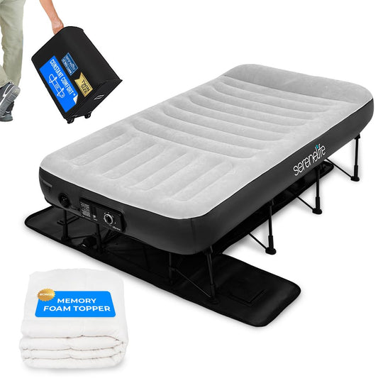 SereneLife Inflatable Air Bed with Frame - Auto Inflating Air Mattress with Built-in Pump, Memory Foam Cover, Self-Deploying Frame, Ideal for Guests, Camping & RV, Easy Carry Case, Queen 77" x 40"
