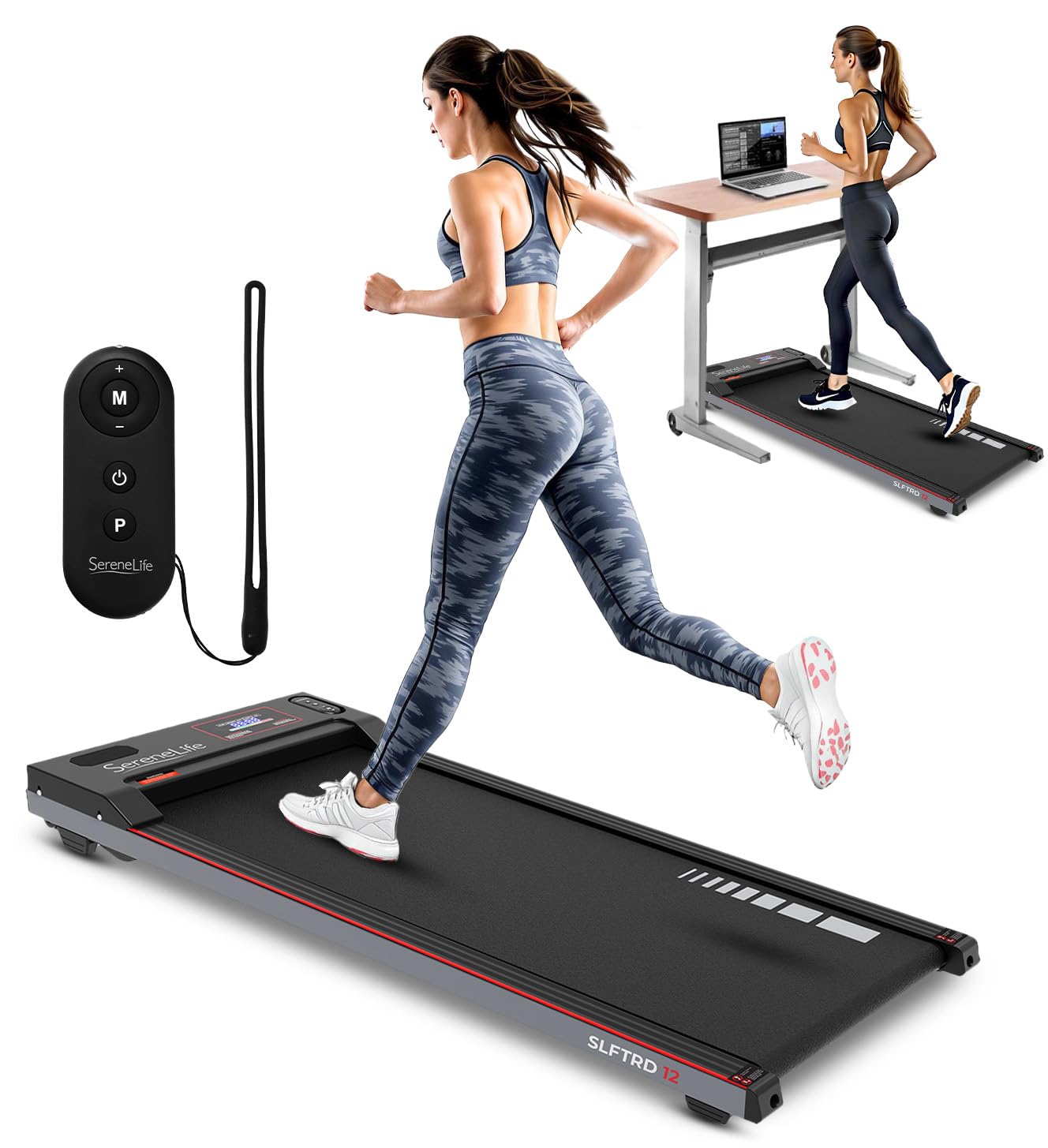 SereneLife Walking Pad Treadmill with Remote Control, 0.6 – 8.7 MPH Smart Speed Control, Walking Mat, Under Desk Treadmill for Home Office, Shock Absorption, App Support, 265lbs Limit