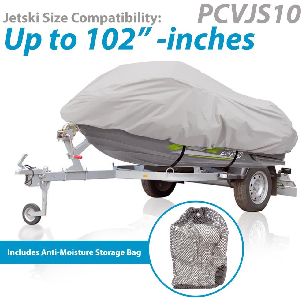 Pyle Marine Grade Polyester Jetski Cover - Size Supports 102” and Under - Heavy Duty Universal Trailer Storage Cover for Personal Watercraft - Waterproof Weather Resistant with Elastic Cord, Gray