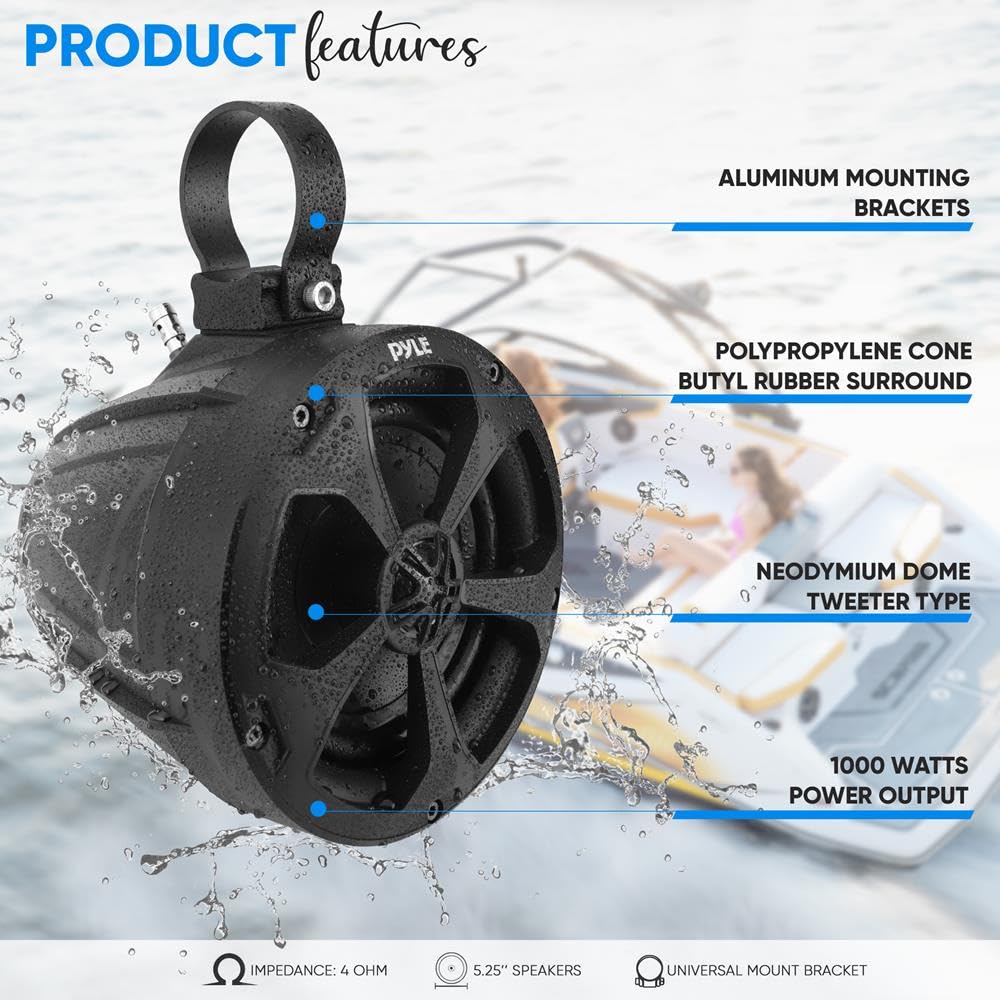 Pyle 2-Way Waterproof Off Road Speakers 1000 Watts - 5.25" Active Passive Marine Grade Wakeboard Tower Speakers System, Full Range Outdoor Stereo Speaker for ATV/UTV Jeep Boat - Pyle PLUTV53BTA