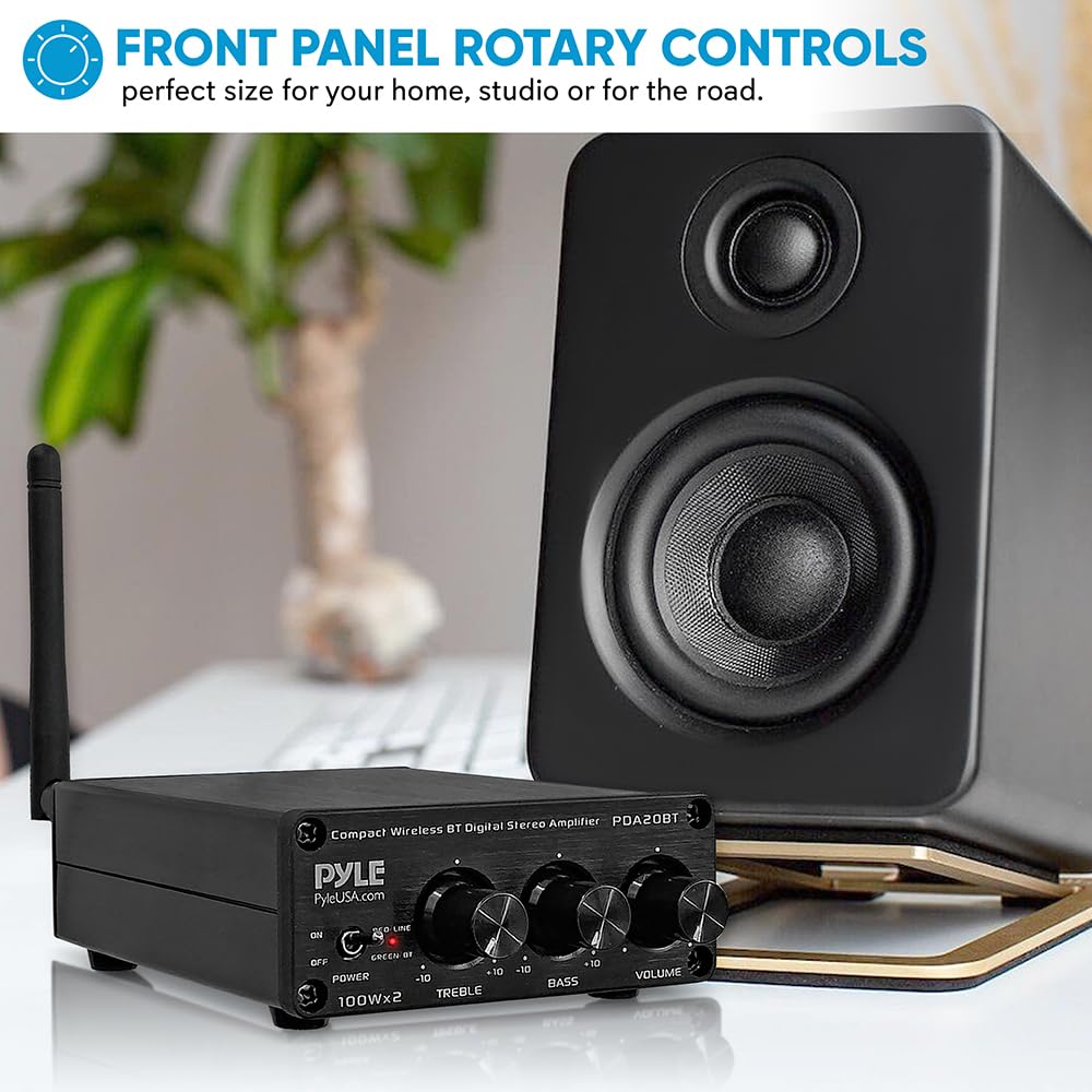 Pyle 2x100W Bluetooth HiFi Mini Audio Amplifier - Class D Stereo Receiver - Aluminum Diecast - for Desktop/PC - Wireless Streaming - Headphone Jack - PDA20BT
