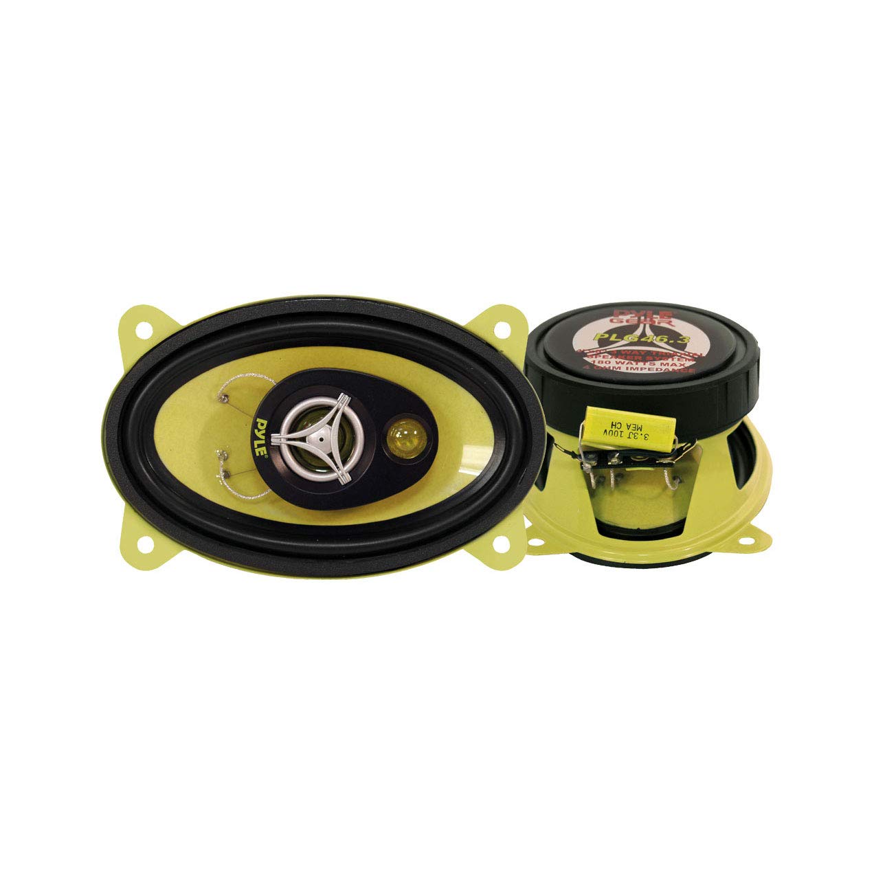 Pyle Car Three-Way Speaker System-Pro 4x6Inch 180W 4Ohm Mid Tweeter Component Audio Sound Speakers For Car Stereo w/30Oz Magnet Structure, 2” Mount Depth Fits Standard OEM-PLG46.3 (Pair),Black/Yellow