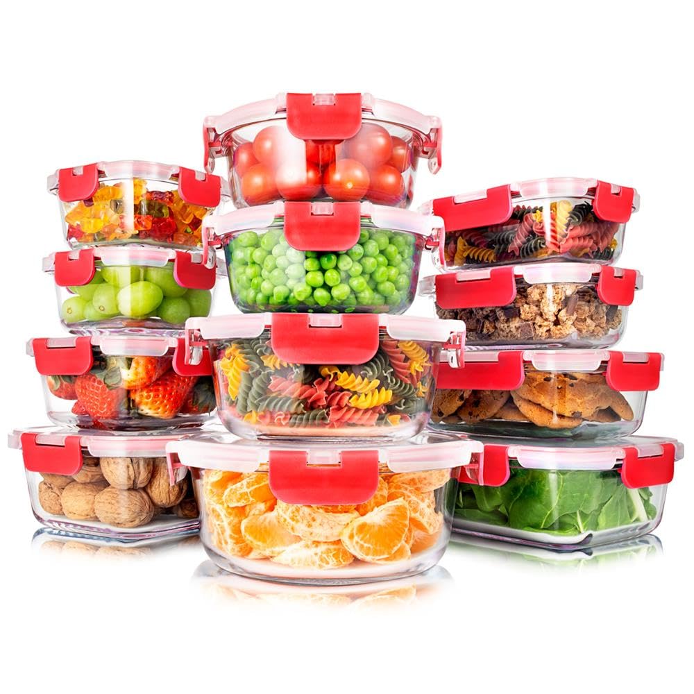 SereneLife 24 Piece Glass Storage Containers with Lids, 12 Pack Glass Meal Prep Container Set for Lunch, Kitchen Storage, Food Storage, Leak Proof, Freezer Safe and Dishwasher Safe, Red