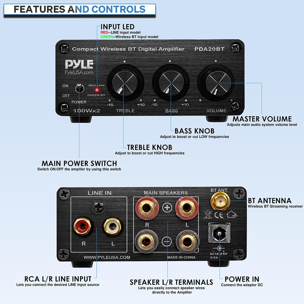 Pyle 2x100W Bluetooth HiFi Mini Audio Amplifier - Class D Stereo Receiver - Aluminum Diecast - for Desktop/PC - Wireless Streaming - Headphone Jack - PDA20BT